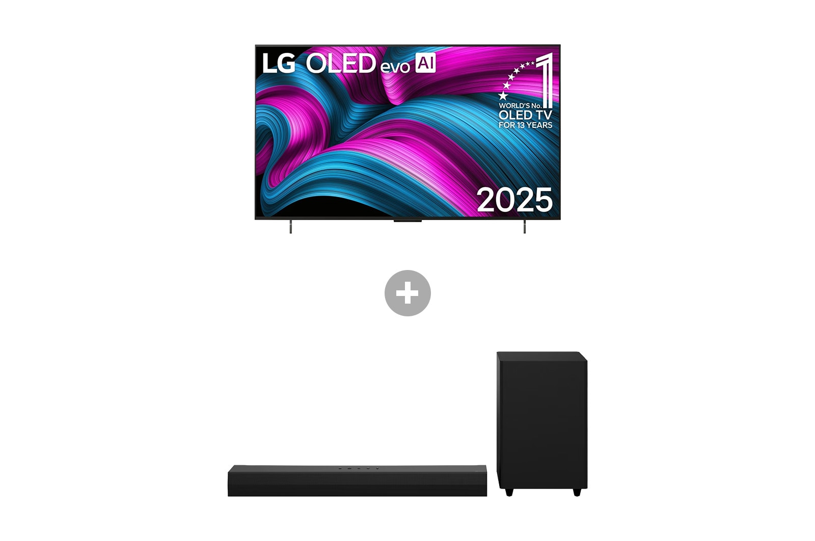 Vorderseite von 42 Zoll LG OLED evo AI C5 4K Smart TV + 2.1 Kanal LG TV Soundbar DS30A OLED42C5ELB.DS30001
