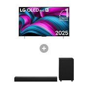 Vorderseite von 42 Zoll LG OLED evo AI C5 4K Smart TV + 2.1 Kanal LG TV Soundbar DS30A OLED42C5ELB.DS30001