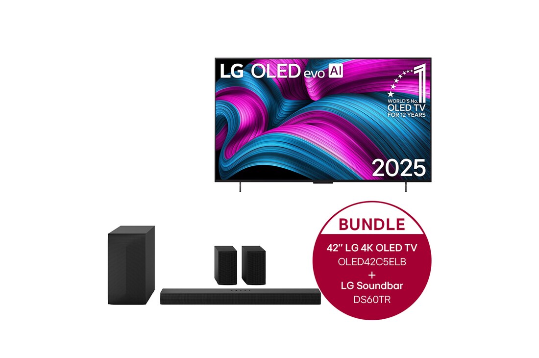 LG 42 Zoll LG OLED evo AI C5E 4K Smart TV + 5.1-Kanal LG Heimkino-Soundbar S60TR mit Surround-Sound und hinteren Lautsprechern, OLED42C5ELB.DS60TR