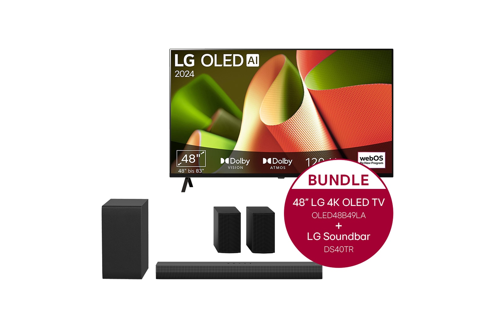 Vorderseite von 48 Zoll LG OLED B4 4K Smart TV &#43; 4.1 Soundbar DS40TR mit 400 Watt OLED48B49LA.DS40TR