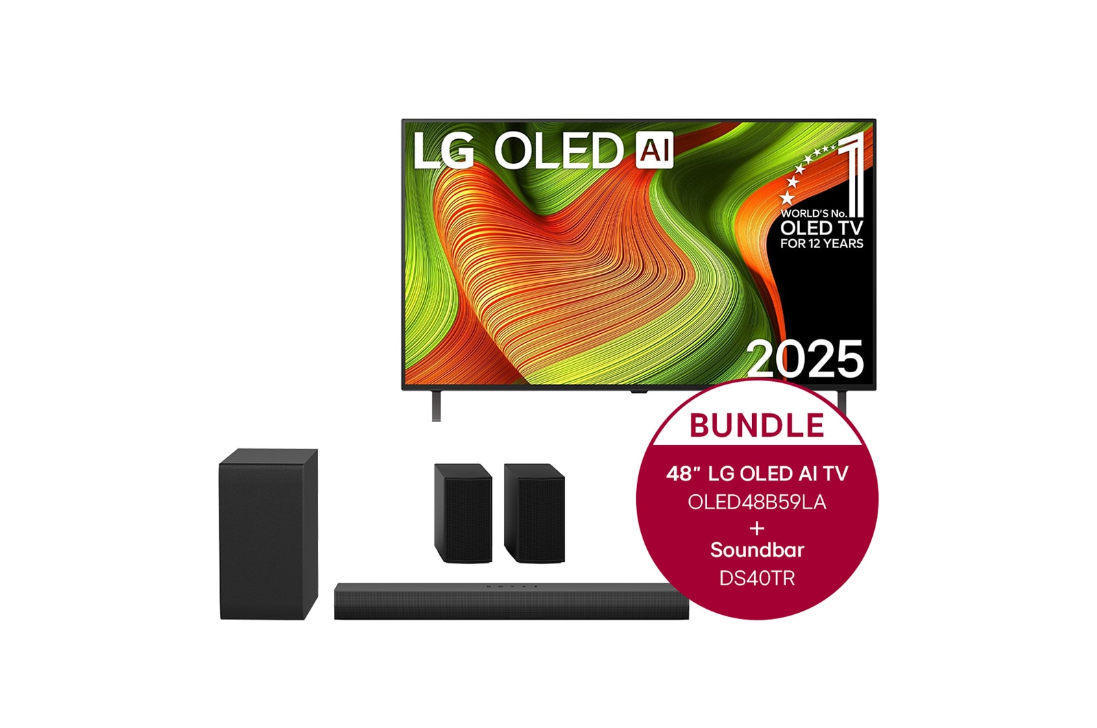 LG 48 Zoll LG OLED AI B5 4K Smart TV + 4.1-Kanal LG Home Theater Soundbar DS40TR mit Surround-Sound und hinteren Lautsprechern, OLED48B59LA.DS40TR