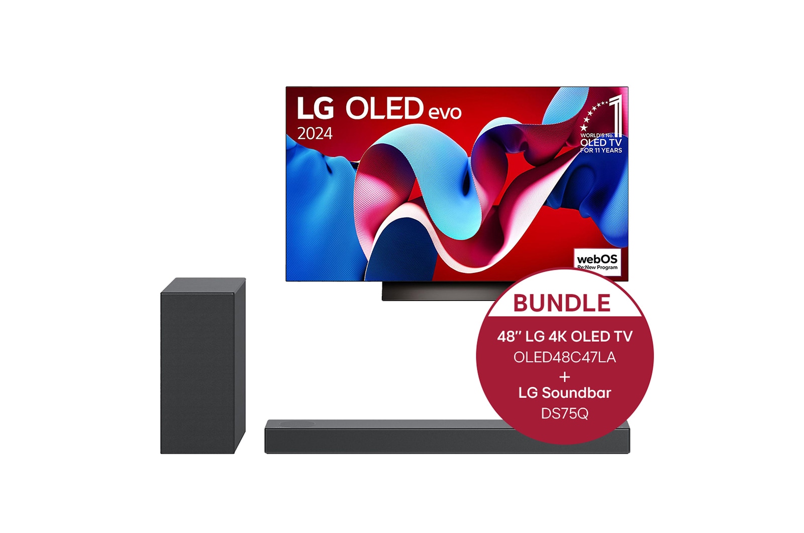 Vorderseite von 48 Zoll LG OLED evo C4 4k Smart TV + 3.1.2 Dolby Atmos® Soundbar mit 380 Watt OLED48C47LA.DS75Q