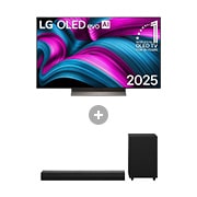 Vorderseite von 48 Zoll LG OLED evo AI C5 4K Smart TV + 2.1 Kanal LG TV Soundbar DS30A OLED48C5ELB.DS30001
