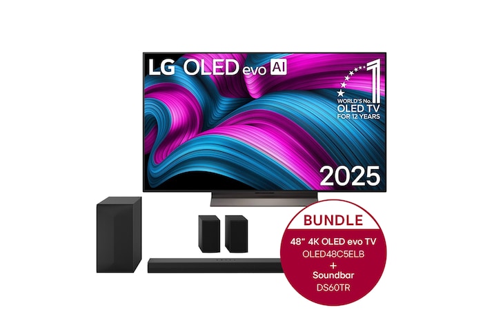 LG 48 Zoll LG OLED evo AI C5E 4K Smart TV + 5.1-Kanal LG Heimkino-Soundbar S60TR mit Surround-Sound und hinteren Lautsprechern, OLED48C5ELB.DS60TR
