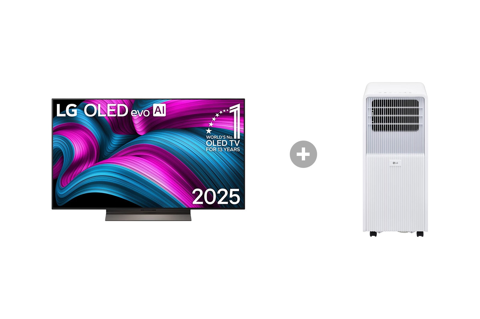 Vorderseite von 48 Zoll LG OLED evo AI C5 4K Smart TV + Mobile Klimaanlage (9000 BTU) OLED48C5ELB.TF09001