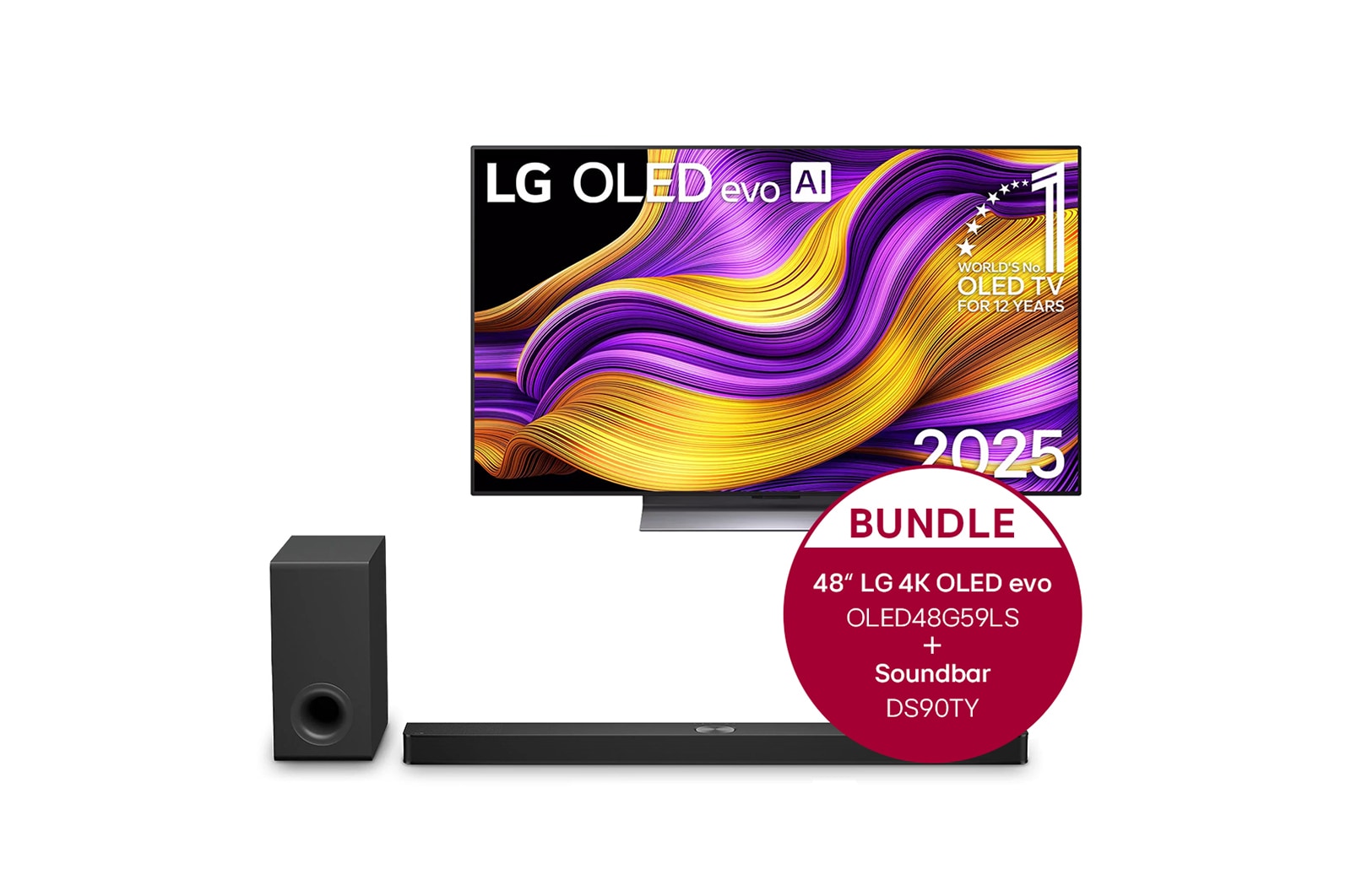 Vorderseite von 48 Zoll LG OLED evo AI G5 4K Smart TV &#43; 5.1.3 Kanal LG TV Soundbar DS90TY mit Dolby Atmos  OLED48G59LS.DS90TY