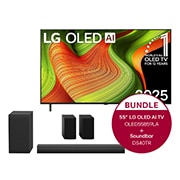 Vorderseite von 55 Zoll LG OLED AI B5 4K Smart TV + 4.1-Kanal LG Home Theater Soundbar DS40TR mit Surround-Sound und hinteren Lautsprechern OLED55B59LA.DS40TR