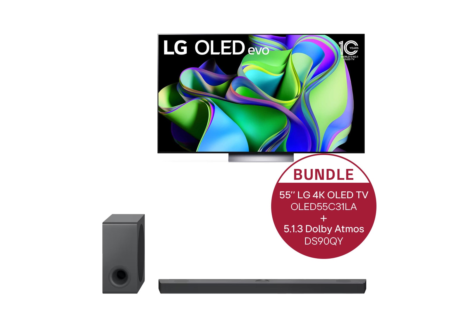 Vorderseite von 55&#34; LG 4K OLED evo TV C3 &#43; 5.1.3 Dolby Atmos® Soundbar mit 570 Watt OLED55C31LA.DS90QY