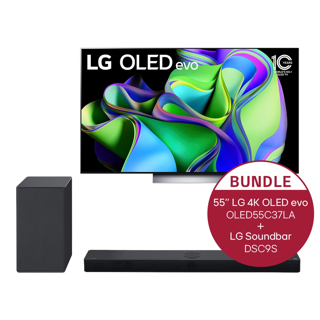 Vorderseite von 55&#39;&#39; LG 4K OLED evo TV C3 &amp; LG Dolby Atmos Soundbar DSC9S OLED55C37LA DSC9S