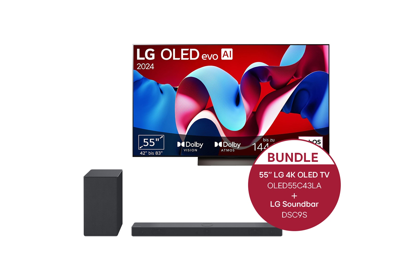 Vorderseite von 55 Zoll LG OLED evo C4 4k Smart TV &#43; 3.1.3 Dolby Atmos® Soundbar mit 400 Watt OLED55C43LA.DSC9S