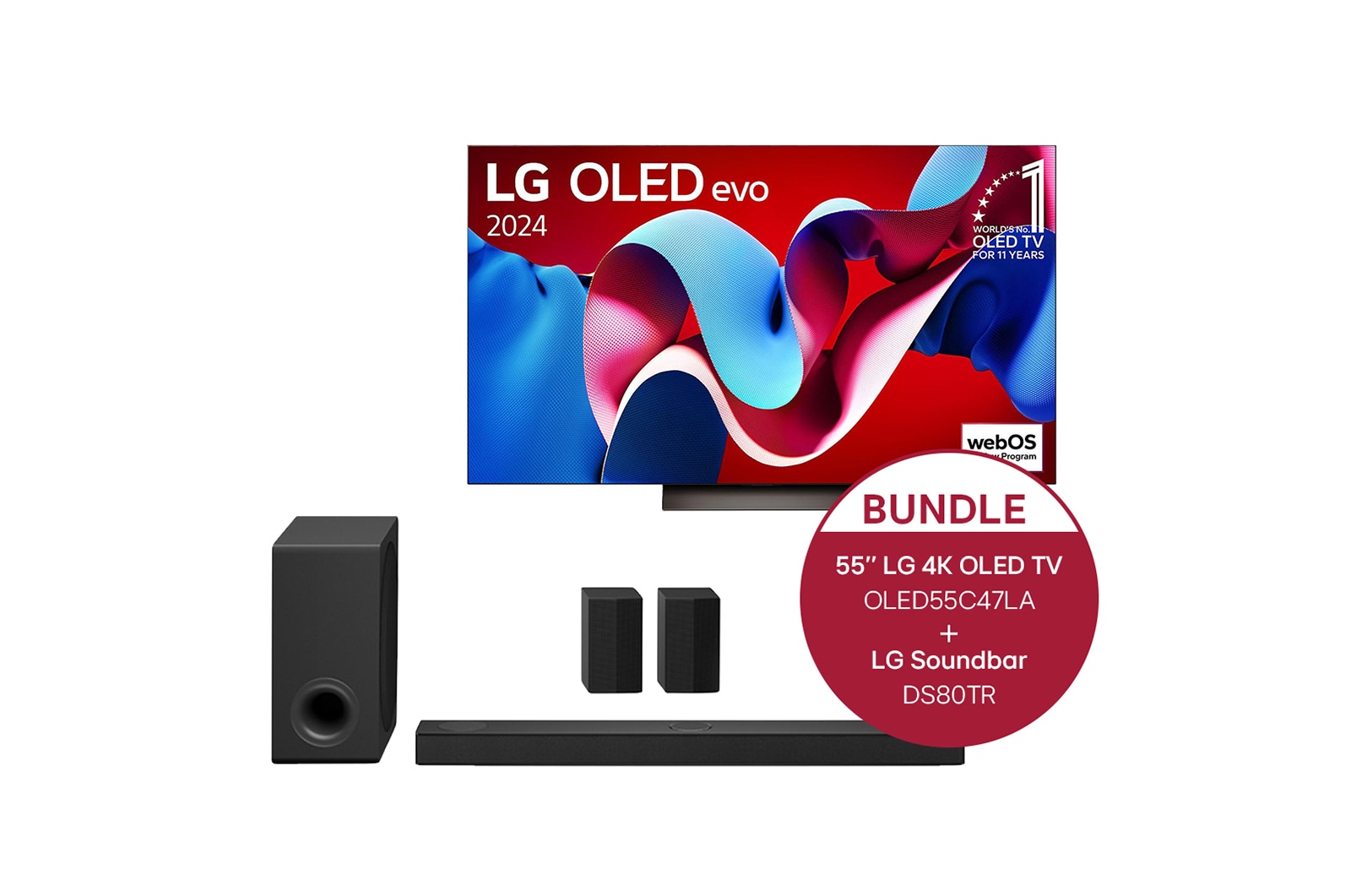 LG 55 Zoll LG OLED evo C4 4K Smart TV + 5.1.3 Dolby Atmos Soundbar mit 580 Watt, OLED55C47LA.DS80TR