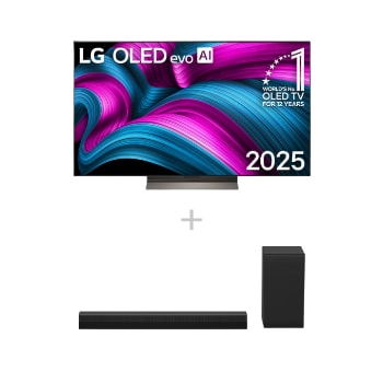 Vorderseite von 55 Zoll LG OLED evo AI C5 4K Smart TV + 2.1 Soundbar DS40T mit 300 Watt OLED55C5ELB.DS40001