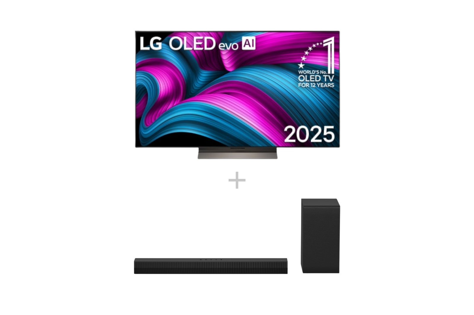 Vorderseite von 55 Zoll LG OLED evo AI C5 4K Smart TV + 2.1 Soundbar DS40T mit 300 Watt OLED55C5ELB.DS40001