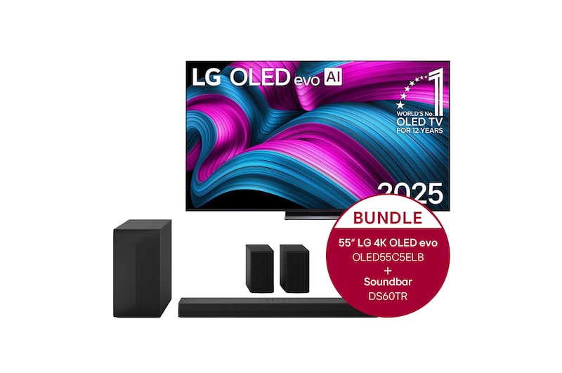 LG 55 Zoll LG OLED evo AI C5E 4K Smart TV 2025 + 5.1-Kanal LG Home Theater Soundbar DS60TR mit Surround-Sound und hinteren Lautsprechern, OLED55C5ELB.DS60TR