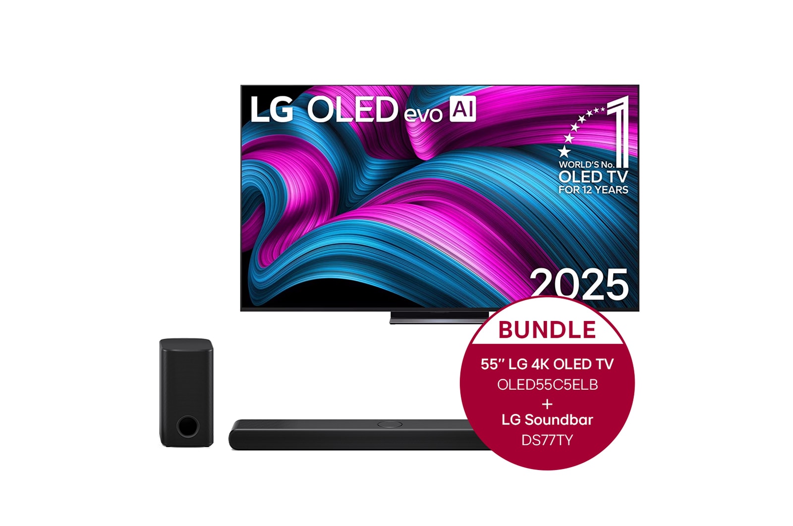 Vorderseite von 55 Zoll LG OLED evo AI C5E 4K Smart TV &#43; 3.1.3 Kanal LG TV Soundbar DS77TY mit Dolby Atmos  OLED55C5ELB.DS77TY