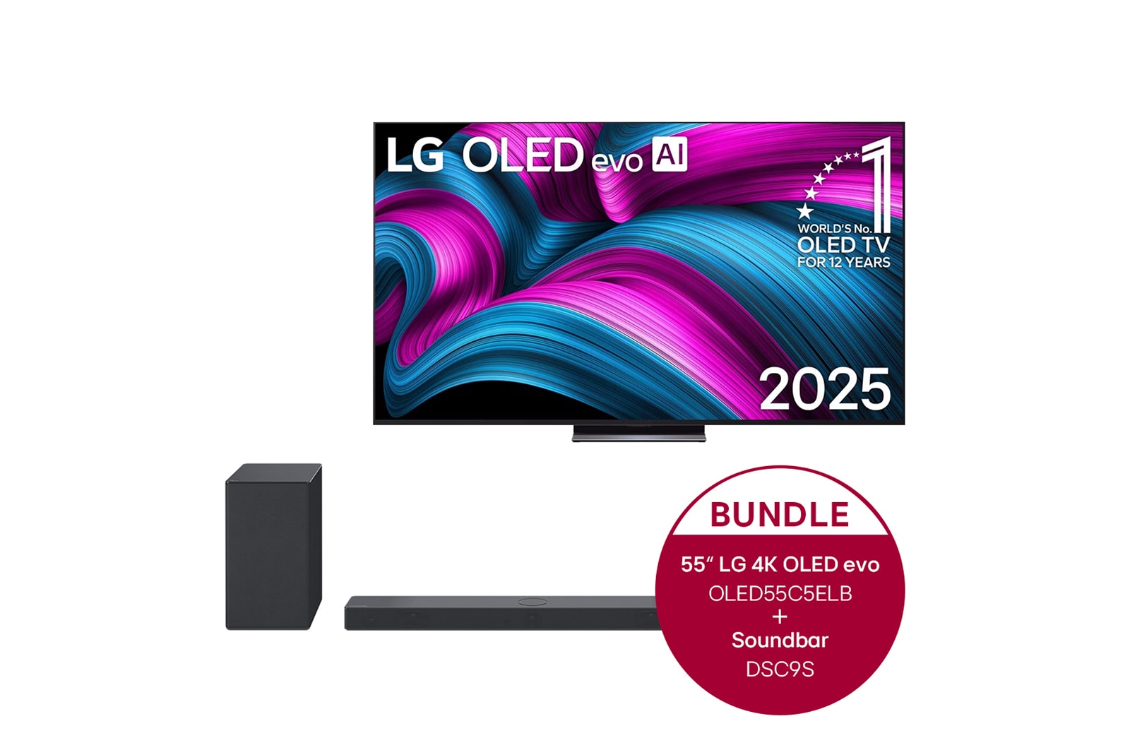 Vorderseite von 55 Zoll LG OLED evo AI C5E 4K Smart TV  &#43; 3.1.3 Dolby Atmos® Soundbar mit 400 Watt | kabelloser Subwoofer OLED55C5ELB.DSC9S