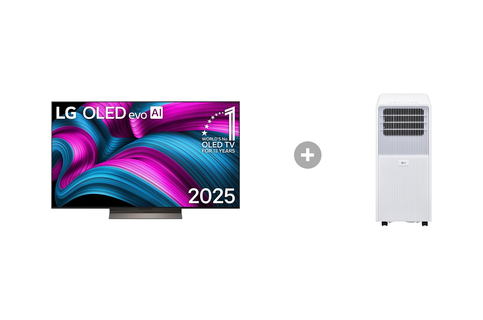 Vorderseite von 55 Zoll LG OLED evo AI C5 4K Smart TV + Mobile Klimaanlage (9000 BTU) OLED55C5ELB.TF09001
