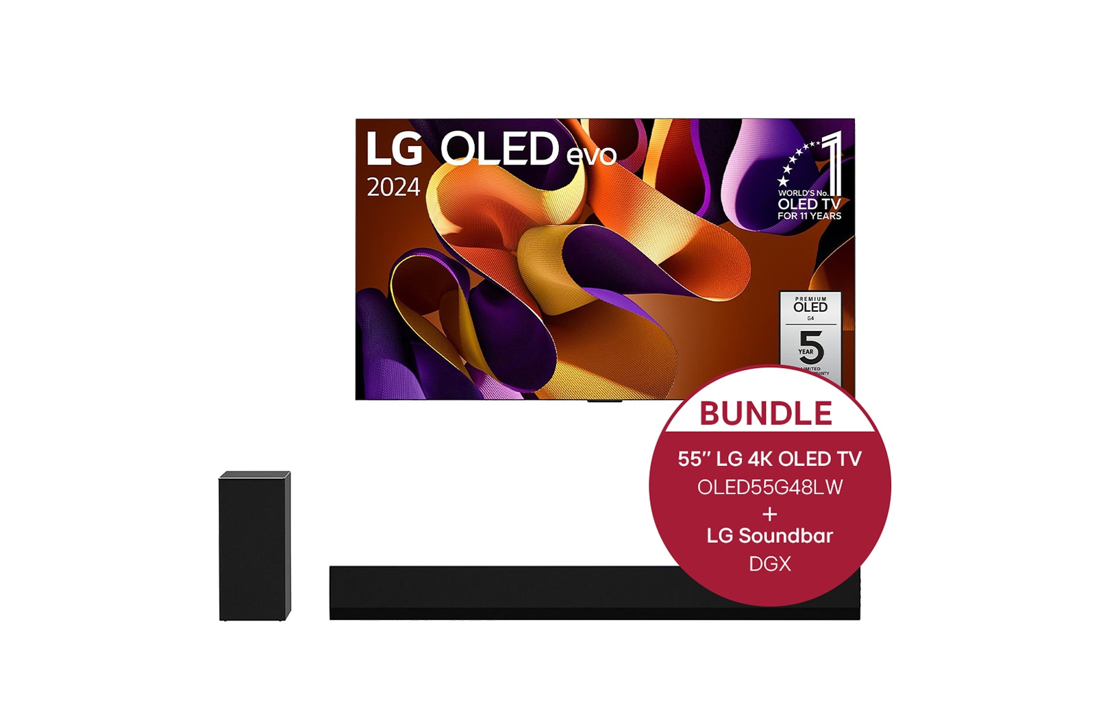 LG 55 Zoll LG OLED evo G4 4k Smart TV + 3.1 Dolby Atmos®️ Design-Soundbar mit 420 Watt, OLED55G48LW.DGX