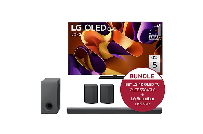 LG 55 Zoll LG OLED evo G4 4K Smart TV + 9.1.5 Dolby Atmos® Soundbar mit 810 Watt | kabelloser Subwoofer | 3-Way-Upfiring-Rücklautsprecher, OLED55G49LS.DS95QR