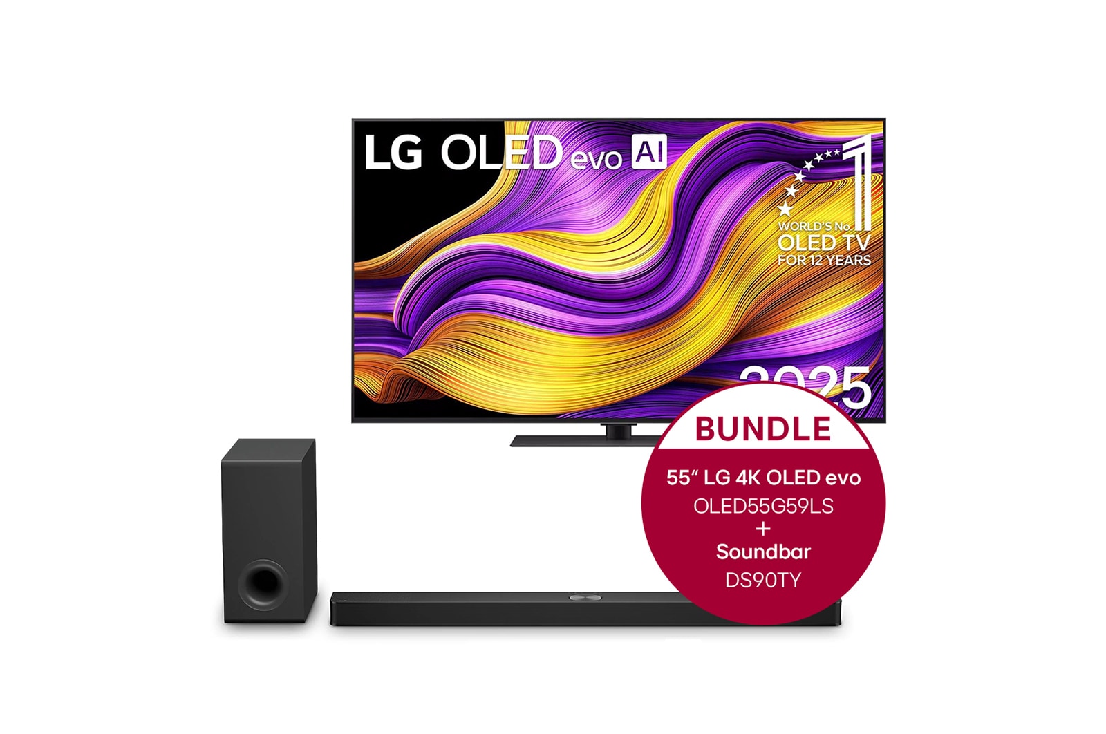 Vorderseite von 55 Zoll LG OLED evo AI G5 4K Smart TV &#43; 5.1.3 Kanal LG TV Soundbar DS90TY mit Dolby Atmo OLED55G59LS.DS90TY