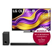 Vorderseite von 55 Zoll LG OLED evo AI G5 4K Smart TV &#43; 5.1.3 Kanal LG TV Soundbar DS90TY mit Dolby Atmo OLED55G59LS.DS90TY