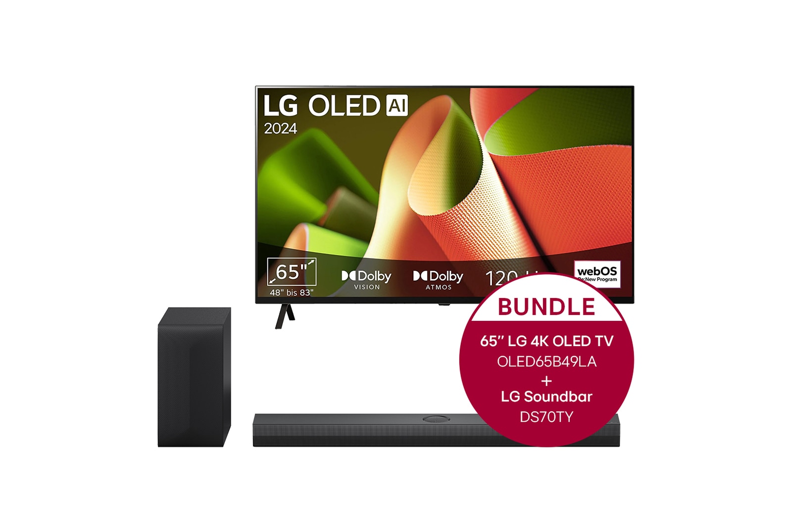 Vorderseite von 65 Zoll LG OLED B4 4K Smart TV &#43; 3.1.1 Kanal LG TV Soundbar DS70TY mit Dolby Atmos  OLED65B49LA.DS70TY
