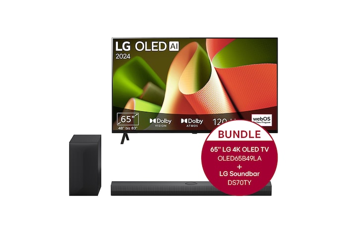 LG 65 Zoll LG OLED B4 4K Smart TV + 3.1.1 Kanal LG TV Soundbar DS70TY mit Dolby Atmos , OLED65B49LA.DS70TY