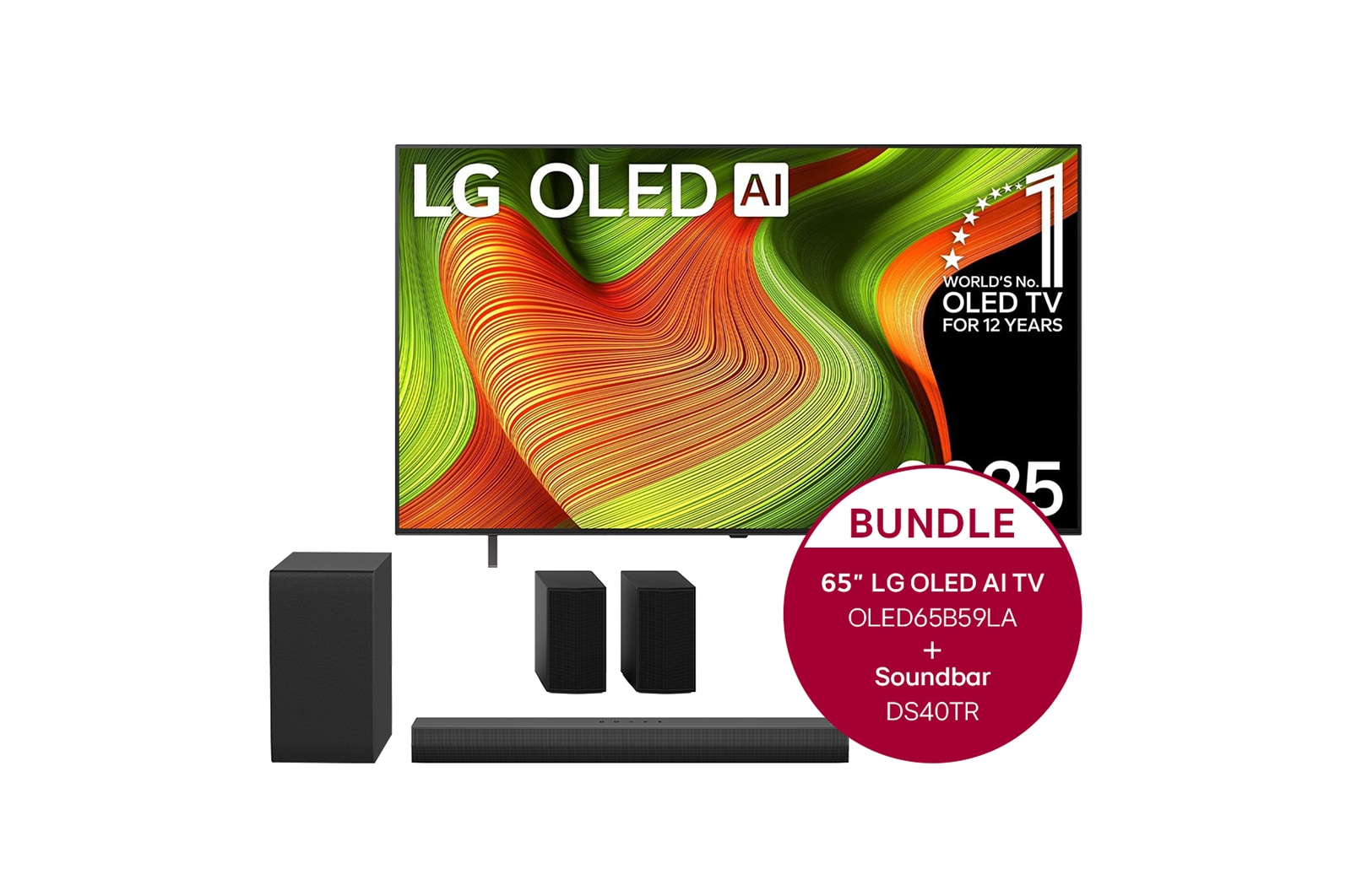 LG 65 Zoll LG OLED AI B5 4K Smart TV + 4.1-Kanal LG Home Theater Soundbar DS40TR mit Surround-Sound und hinteren Lautsprechern, OLED65B59LA.DS40TR