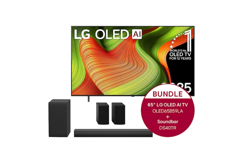 LG 65 Zoll LG OLED AI B5 4K Smart TV + 4.1-Kanal LG Home Theater Soundbar DS40TR mit Surround-Sound und hinteren Lautsprechern, OLED65B59LA.DS40TR