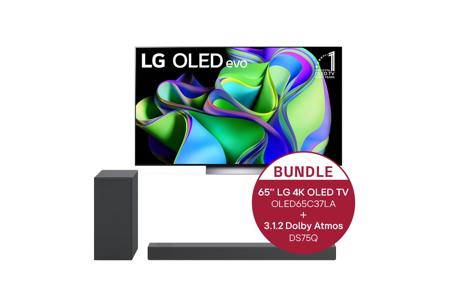 Vorderseite von 65" LG 4K OLED evo TV C3 + 3.1.2 Dolby Atmos® Soundbar mit 380 Watt OLED65C37LA.DS75Q