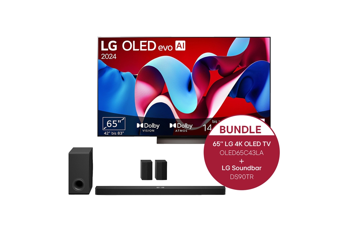 LG 65 Zoll LG OLED evo C4 4K Smart TV +  7.1.3 Dolby Atmos Soundbar DS90TR mit 670 Watt, OLED65C43LA.DS90TR