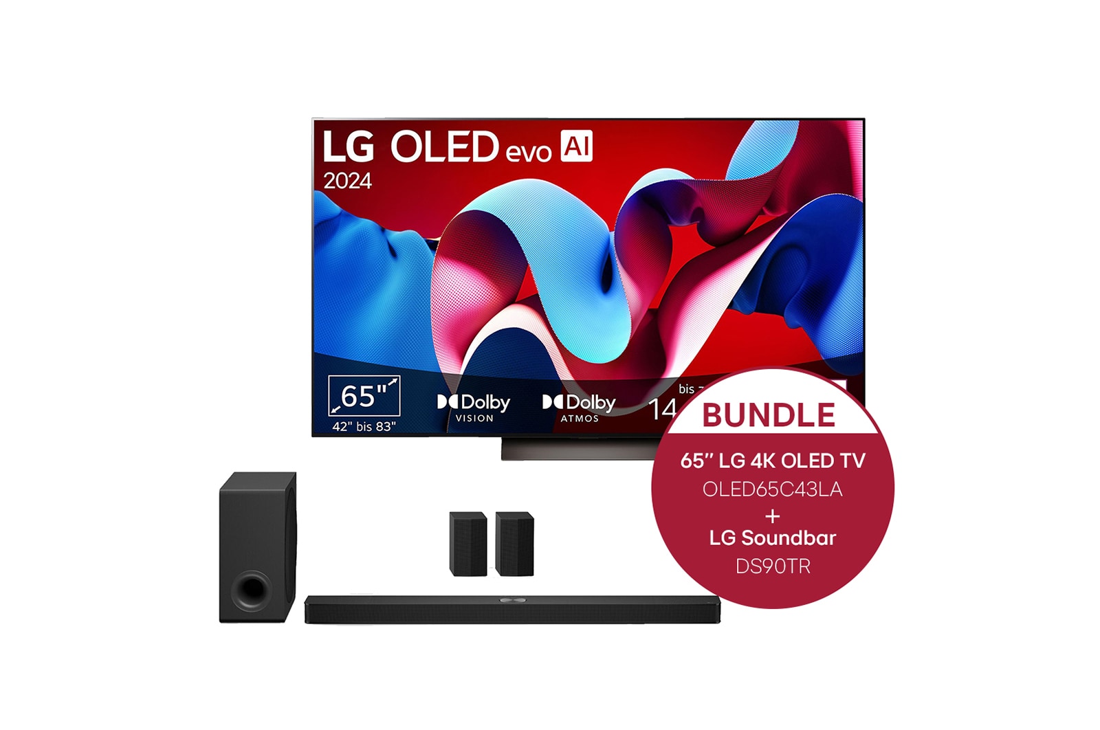 Vorderseite von 65 Zoll LG OLED evo C4 4K Smart TV &#43;  7.1.3 Dolby Atmos Soundbar DS90TR mit 670 Watt OLED65C43LA.DS90TR