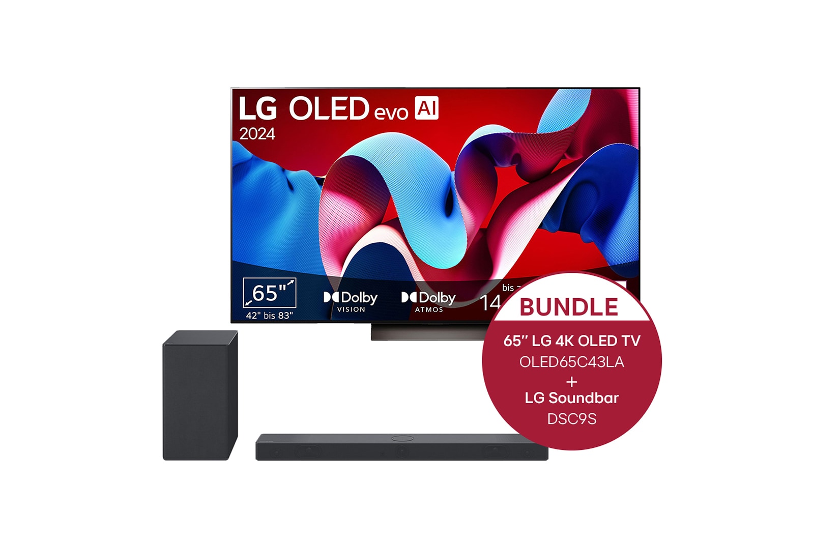Vorderseite von 65 Zoll LG OLED evo C4 4k Smart TV &#43; 3.1.3 Dolby Atmos® Soundbar mit 400 Watt OLED65C43LA.DSC9S