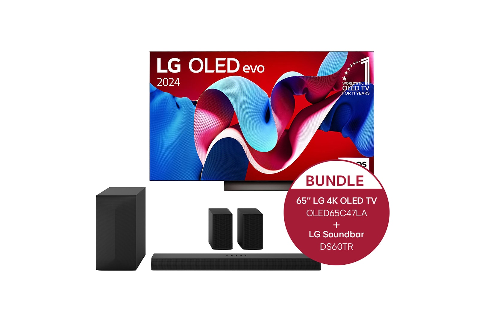 Vorderseite von 65 Zoll LG OLED evo C4 4K Smart TV &#43; 5.1 Soundbar DS60TR mit 440 Watt  OLED65C47LA.DS60TR