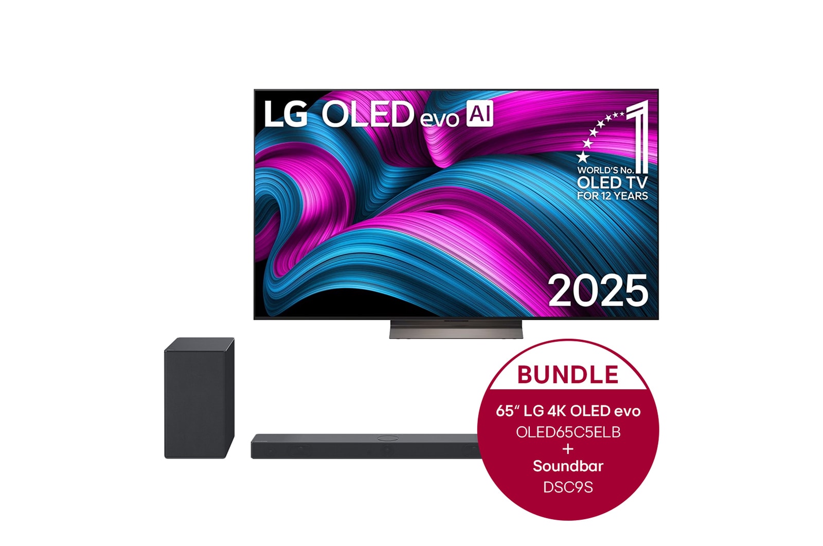 Vorderseite von 65 Zoll LG OLED evo AI C5E 4K Smart TV  &#43; 3.1.3 Dolby Atmos® Soundbar mit 400 Watt | kabelloser Subwoofer OLED65C5ELB.DSC9S