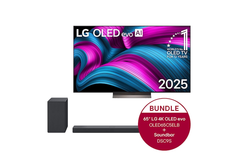 LG 65 Zoll LG OLED evo AI C5E 4K Smart TV  + 3.1.3 Dolby Atmos® Soundbar mit 400 Watt | kabelloser Subwoofer, OLED65C5ELB.DSC9S