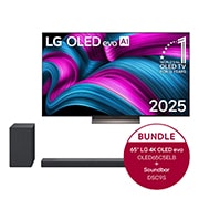 Vorderseite von 65 Zoll LG OLED evo AI C5E 4K Smart TV  &#43; 3.1.3 Dolby Atmos® Soundbar mit 400 Watt | kabelloser Subwoofer OLED65C5ELB.DSC9S