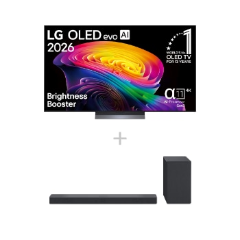 Vorderseite von 65 Zoll LG OLED evo AI C6E 4K Smart TV 2026 + 3.1.3 Dolby Atmos® Soundbar mit 400 Watt | kabelloser Subwoofer OLED65C6ELB.DSC9001