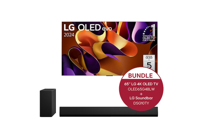 LG 65 Zoll LG OLED evo G4 4k Smart TV + 3.1 Dolby Atmos®️ Design-Soundbar mit 420 Watt, OLED65G48LW.DSG10TY