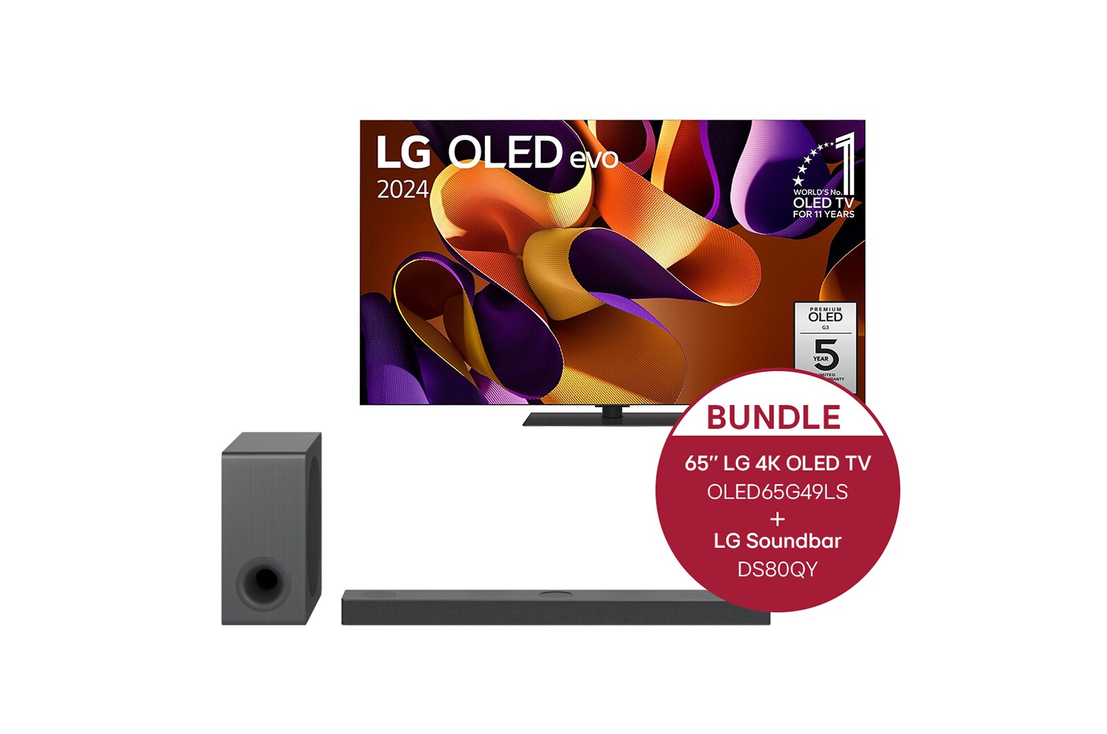 Vorderseite von 65 Zoll LG OLED evo G4 4k Smart TV + 3.1.3 Dolby Atmos® Soundbar mit 480 Watt OLED65G49LS.DS80QY