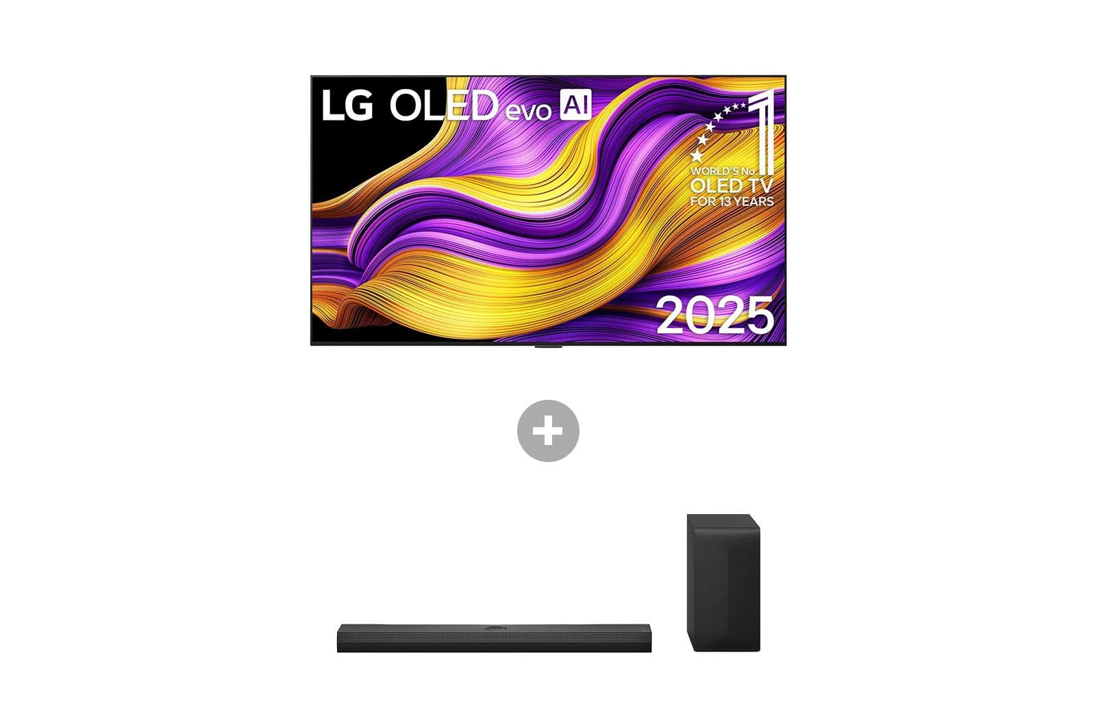 Vorderseite von 65 Zoll LG OLED evo AI G5 4K Smart TV + 3.1.1 Kanal LG TV Soundbar DS70TY mit Dolby Atmos OLED65G57LW.DS70001