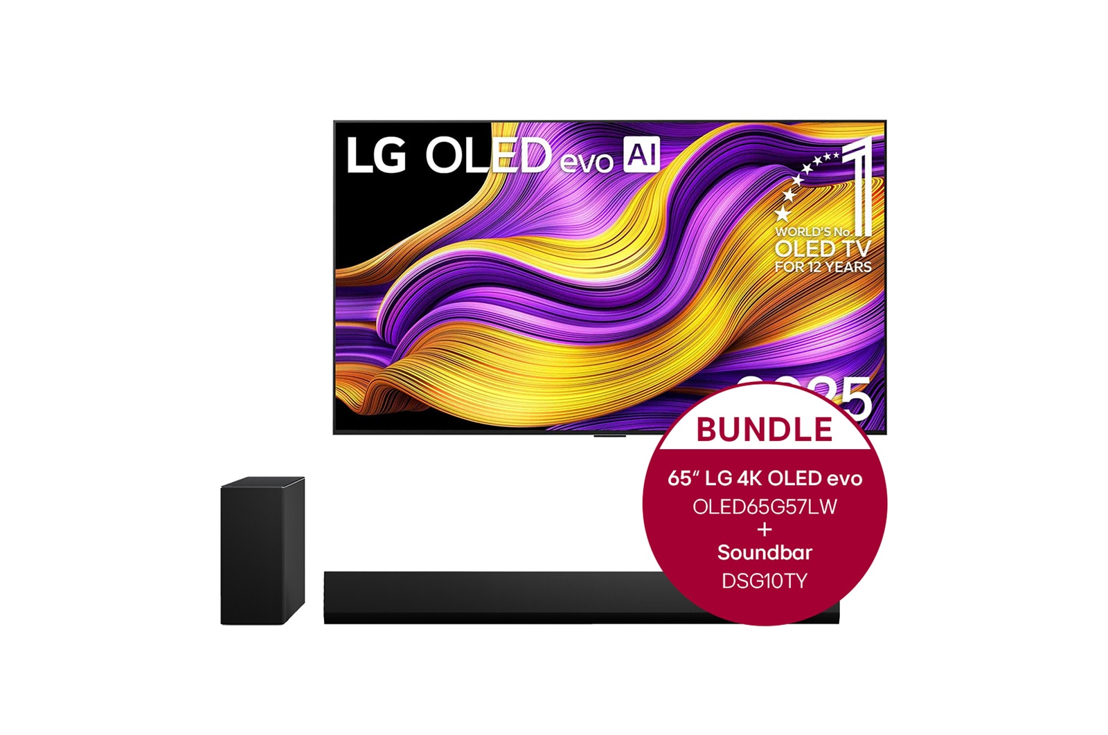 Vorderseite von 65 Zoll LG OLED evo G4 4K Smart TV &#43; 3.1 Kanal LG TV Soundbar DSG10TY mit Dolby Atmos  OLED65G57LW.DSG10TY
