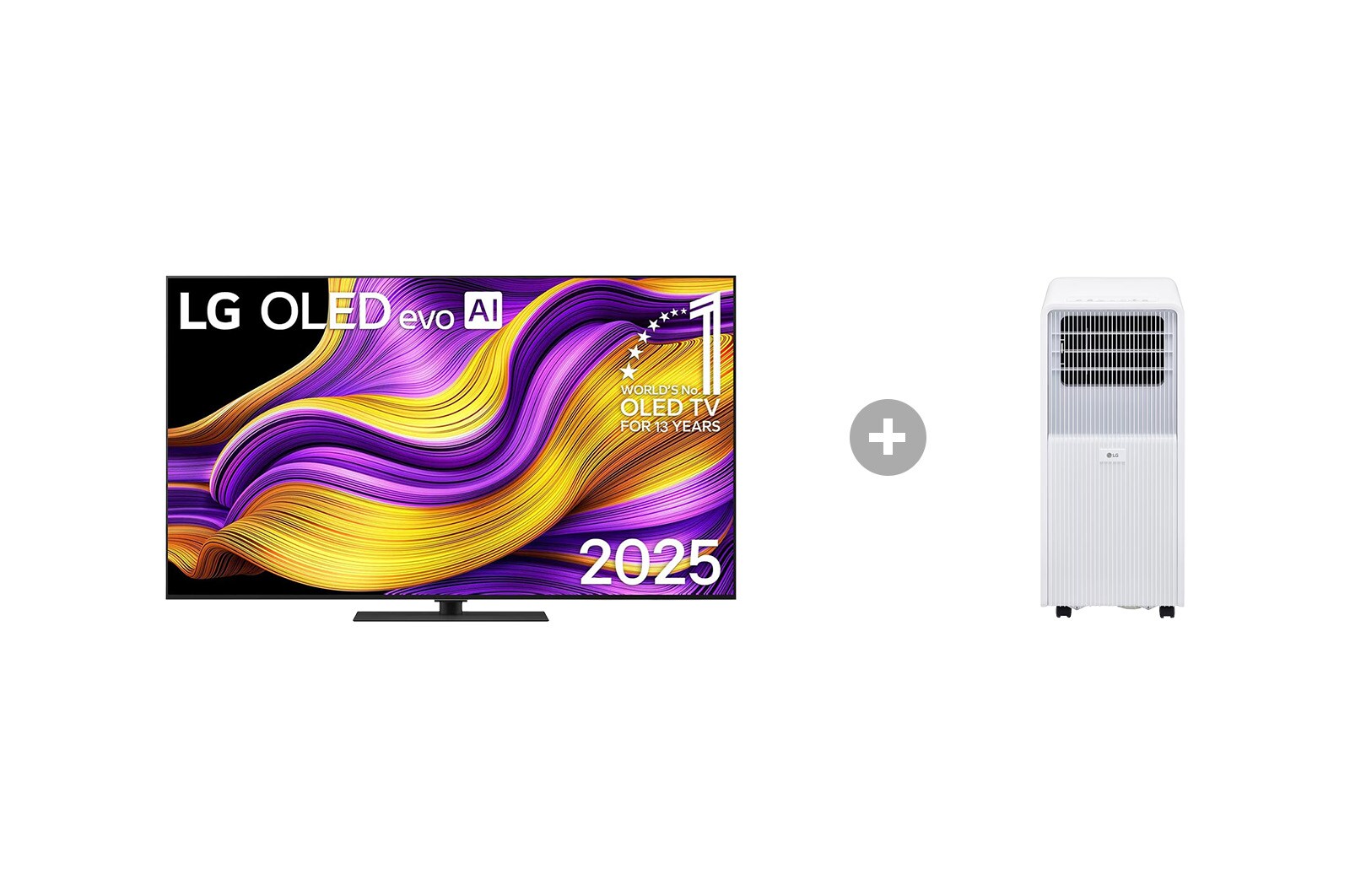 Vorderseite von 65 Zoll LG OLED evo AI G5 4K Smart TV + Mobile Klimaanlage (9000 BTU) OLED65G59LS.TF09001
