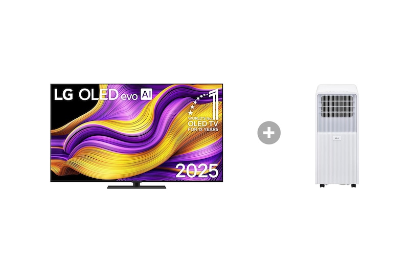 Vorderseite von 65 Zoll LG OLED evo AI G5 4K Smart TV + Mobile Klimaanlage (9000 BTU) OLED65G59LS.TF09001