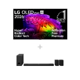 Vorderseite von 65 Zoll LG OLED evo AI G6 4K Smart TV 2026 + 9.1.5-Kanal LG Home Theater Soundbar DS95AR mit Surround-Sound und Rücklautsprechern OLED65G67LW.DS95001