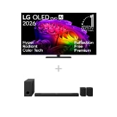 Vorderseite von 65 Zoll LG OLED evo AI G69 4K Smart TV 2026 + 9.1.5-Kanal LG Home Theater Soundbar DS95AR mit Surround-Sound und Rücklautsprechern OLED65G69LS.DS95001