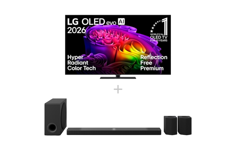 Vorderseite von 65 Zoll LG OLED evo AI G69 4K Smart TV 2026 + 9.1.5-Kanal LG Home Theater Soundbar DS95AR mit Surround-Sound und Rücklautsprechern OLED65G69LS.DS95001