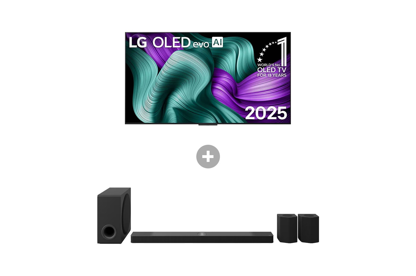 Vorderseite von True Wireless TV 65 Zoll LG OLED evo AI M5 mit 4K 144Hz Video- und Audioübertragung + 9.1.5-Kanal LG Home Theater Soundbar DS95AR mit Surround-Sound und Rücklautsprechern OLED65M59LA.DS95002