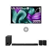 Vorderseite von True Wireless TV 65 Zoll LG OLED evo AI M5 mit 4K 144Hz Video- und Audioübertragung + 9.1.5-Kanal LG Home Theater Soundbar DS95AR mit Surround-Sound und Rücklautsprechern OLED65M59LA.DS95002