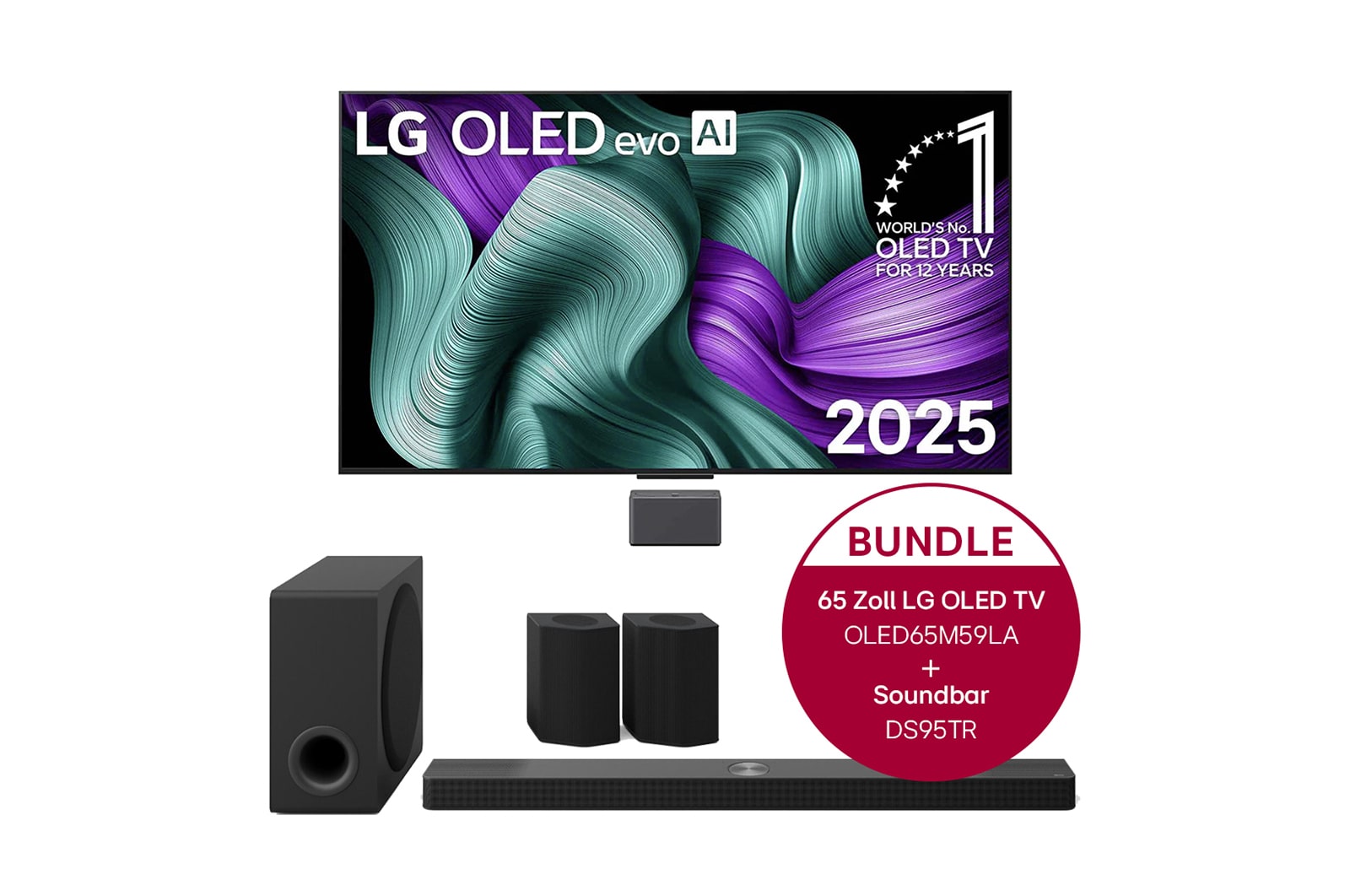 LG True Wireless TV 65 Zoll LG OLED evo AI M5 mit 4K Video- und Audioübertragung + 9.1.5-Kanal LG Home Theater Soundbar DS95TR mit Surround-Sound und hinteren Lautsprechern, OLED65M59LA.DS95TR